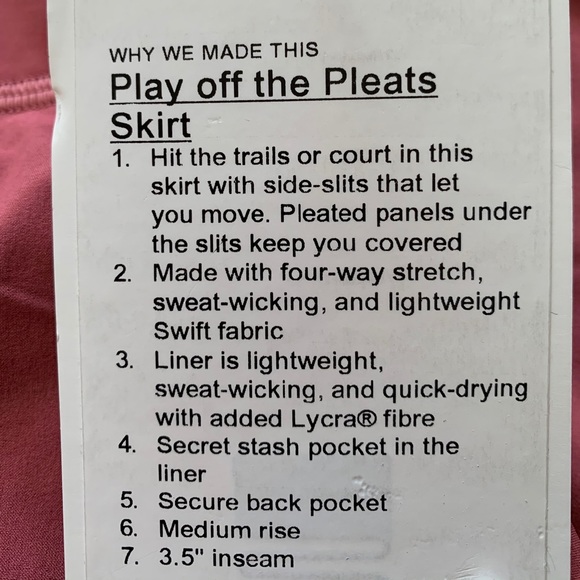 ❤️LULULEMON PLAY OFF THE PLEATS SKIRT/SKORT-CHERRY TINT-8/10/12❤️ - Picture 9 of 11